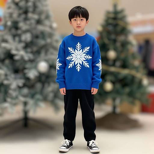 Photograph of a young Asian boy with black hair, wearing a blue snowflake sweater, black pants, and white sneakers, standing in front of two