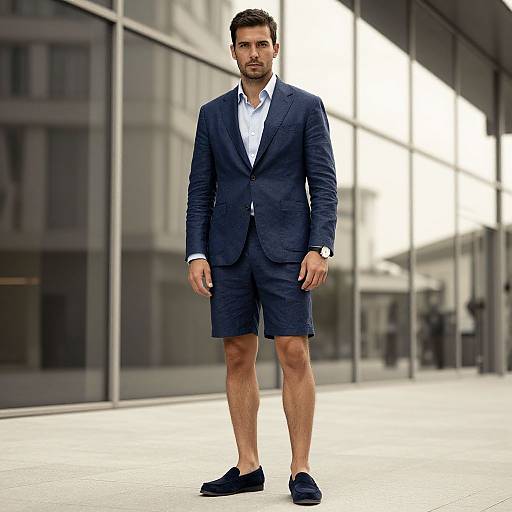 Photograph of a man with short dark hair in a navy suit, white shirt, black loafers, and knee-length shorts, standing in front of
