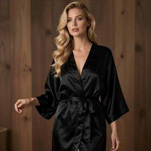 Blonde Woman in Black Satin Robe