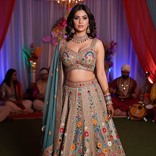 Photograph of a beautiful Indian woman with dark hair, wearing an elaborate, embroidered gold lehenga, matching crop top, and blue dupatta, standing
