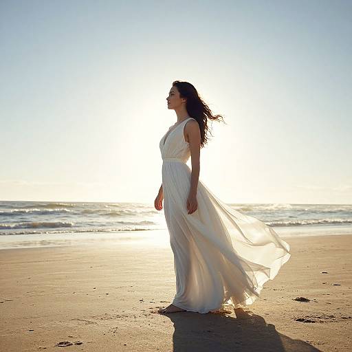 Photograph of a woman in a flowing white dress standing on a sunlit beach, with waves and clear sky in the background.