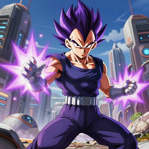 Digital art of Goku, a muscular anime character with spiky purple hair, emitting purple energy from his hands, standing in a futuristic cityscape.