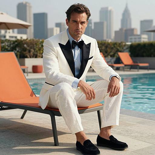 Photograph of a handsome, white male wearing a black bow tie and white tuxedo, sitting by a pool with city skyline in background, under
