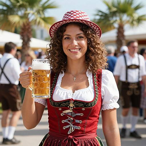 Photograph of a smiling woman with curly brown hair, wearing a red-checkered hat, traditional German dirndl, and holding a frothy beer mug