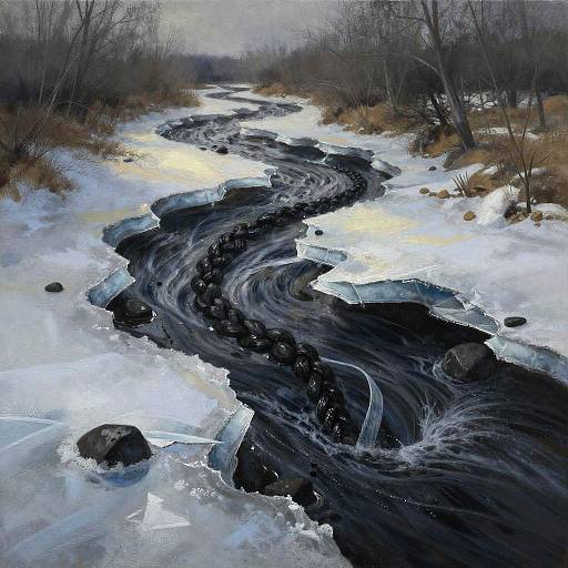 Charcoal Painting of Thawing Braided River