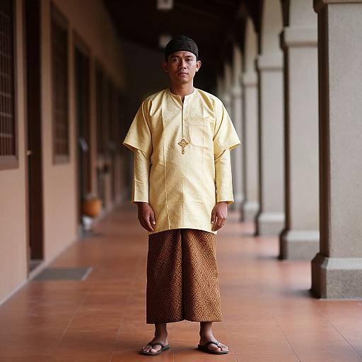 Photograph of a Southeast Asian man in a yellow long-sleeve shirt, brown patterned skirt, black headscarf, and sandals, standing