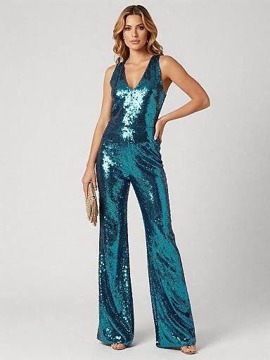 Teal-Aqua Sequin Jumpsuit Studio Shot