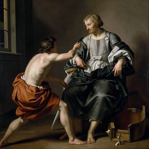 Baroque painting of a shirtless man in an orange cloth pushing a bearded man in black and white garments on a chair.