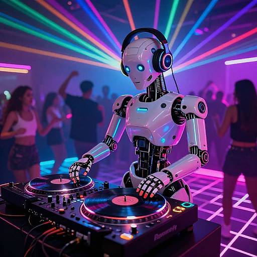 Photograph of a glowing, robotic DJ spinning records in a neon-lit, colorful nightclub with dancing, blurred people in the background.