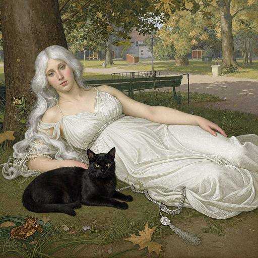 Digital painting of a pale-skinned woman with long white hair, wearing a flowing white dress, reclining by a tree, beside a black cat in