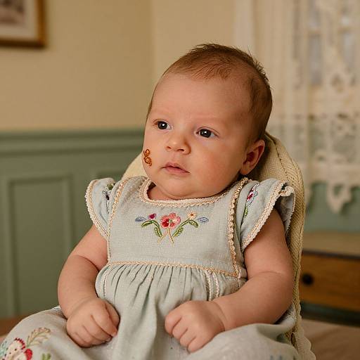 Photograph of a chubby, fair-skinned baby with brown hair, wearing a light blue, embroidered dress, sitting in a chair with lace curtains and