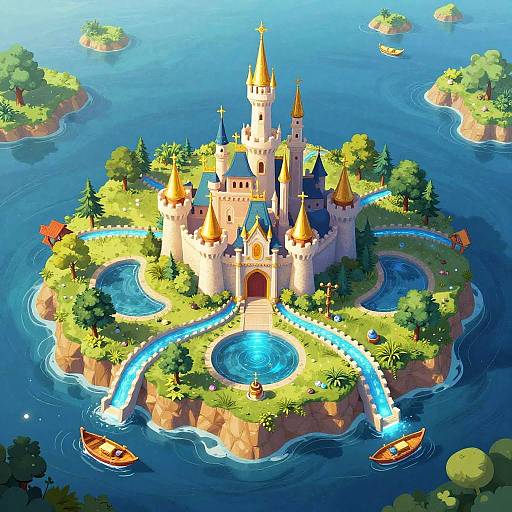 Digital drawing of a vibrant, gold-topped castle on a lush island surrounded by blue water, with glowing blue arches, small boats, and green