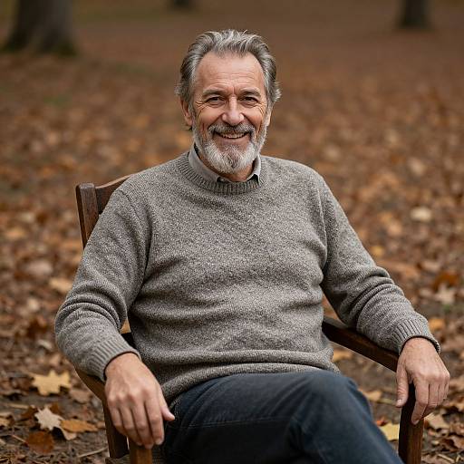 Photograph of an older man with gray hair and beard, smiling, wearing a gray sweater and black pants, sitting in a wooden chair on a leaf