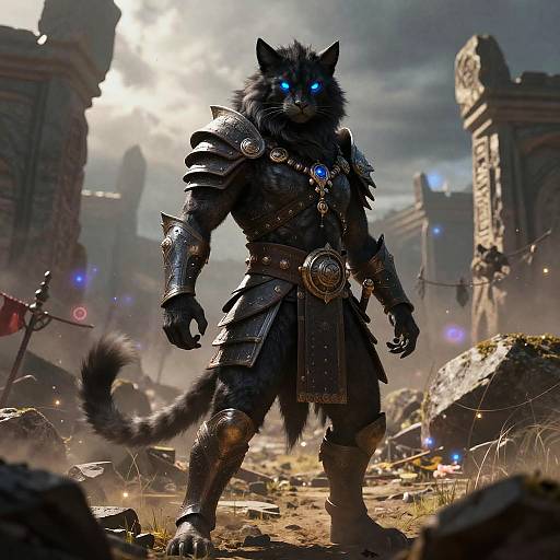 Digital artwork of a muscular, black-furred werewolf warrior with glowing blue eyes, clad in detailed, medieval-style armor, standing amidst a ruined,