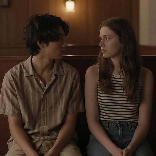 Photograph of a young man and woman sitting closely in dimly lit, wooden-paneled room; he wears a striped shirt, she a striped tank