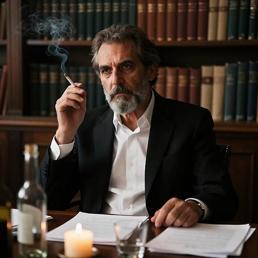 Intense Man in Dimly Lit Library