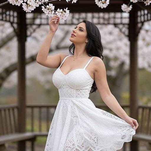 Photograph of a curvy woman with long black hair, wearing a white lace dress, holding cherry blossoms under a wooden gazebo.