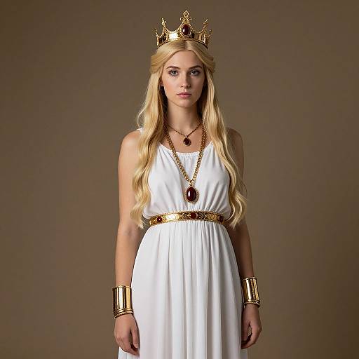 Photograph of a blonde woman with long wavy hair, wearing a gold crown, white dress, gold bracelets, and necklace, against a plain brown