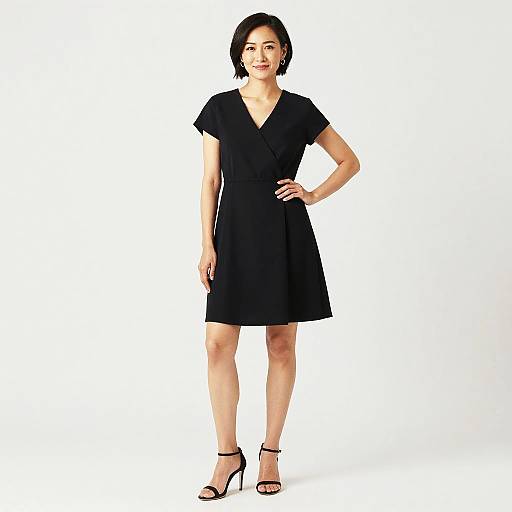 Photograph of an Asian woman with short black hair, wearing a black V-neck dress and black high heels, standing against a plain white background.
