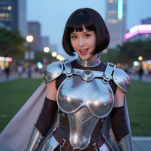 Asian woman in shiny silver armor with black bob haircut, smiling in city park at dusk, blurred buildings and lights in background. Photorealistic cosplay photograph