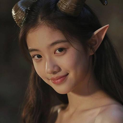 Photograph of an Asian woman with elf-like ears and small, curved horns, smiling softly. She has long dark hair, smooth skin, and is