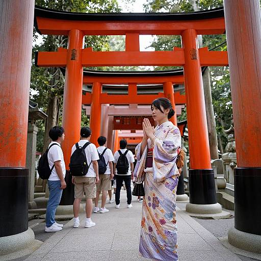 Woman praying at Imamiya Ebisu Shrine torii gate