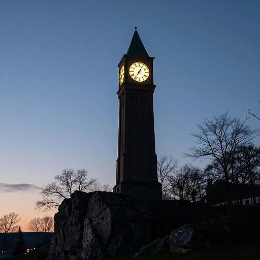 Photograph of a tall clock tower with a glowing yellow face, silhouetted against a twilight sky, surrounded by leafless trees.