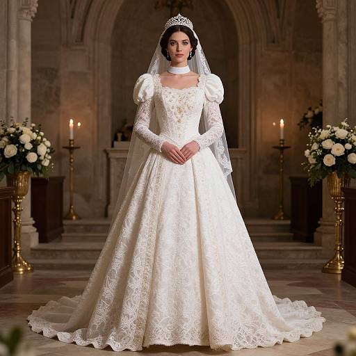 Photograph of a beautiful bride in an intricately detailed white lace wedding gown with puffed sleeves, standing in a dimly lit, ornate church
