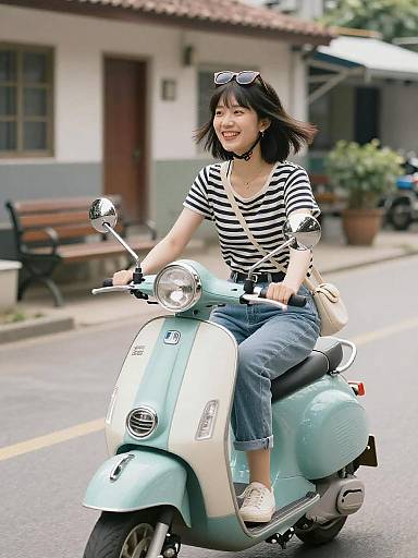 Joyful Woman on Turquoise Vintage Scooter