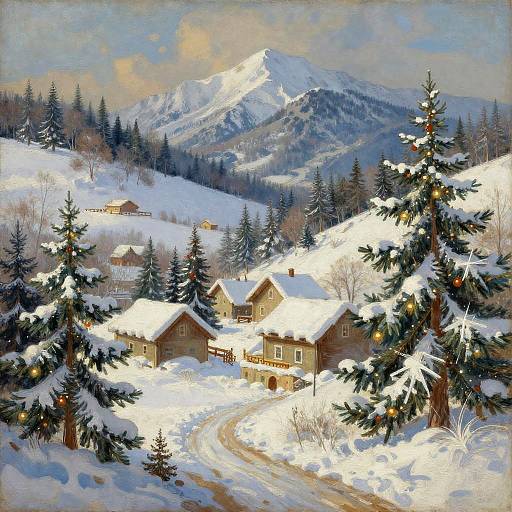 Snowy Alpine Village with Decorated Trees