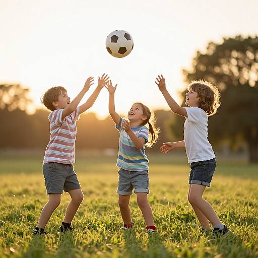 Photograph of three young children playing soccer in a sunlit grassy field at sunset, all reaching up to head a black-and-white ball.