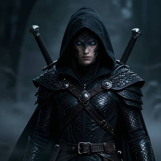 Dark fantasy photograph of a hooded warrior with glowing blue eyes, black armored scales, two swords on back, and intense gaze.
