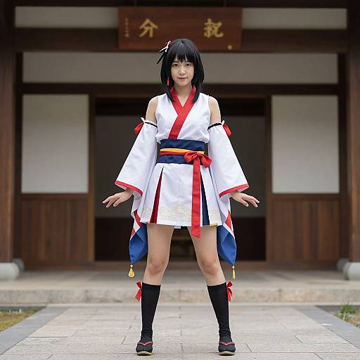 Photograph of a young woman in a white and red traditional Japanese samurai outfit with blue and red accents, standing confidently in front of a wooden building
