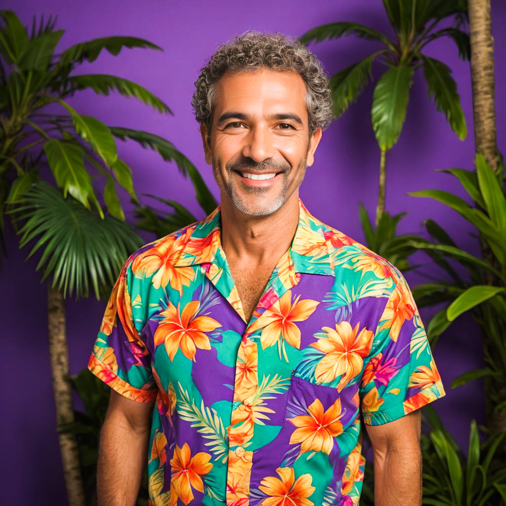 Cheerful Man in Tropical Twilight Setting