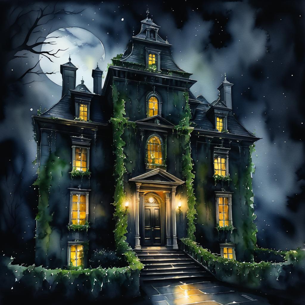 Eerie Ivy-Covered Mansion at Night