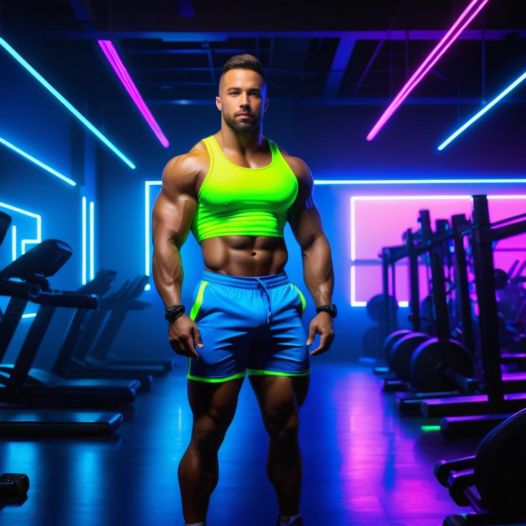 Bodybuilder in Modern Gym with Neon Lights