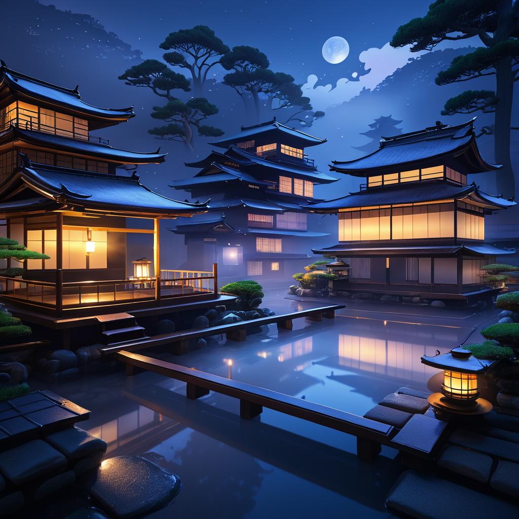 Ethereal Nighttime Onsen Art