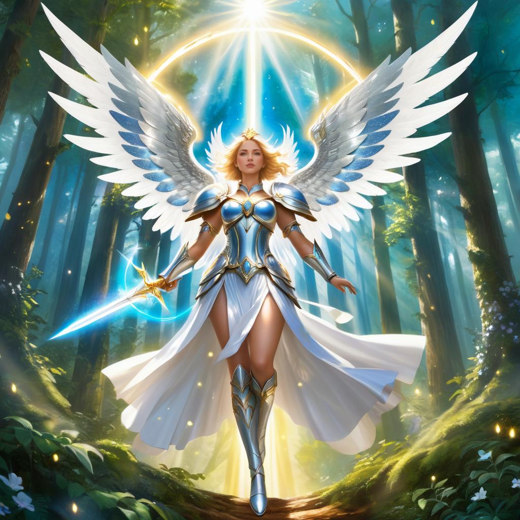 Celestial Angel Descending in Enchanted Forest