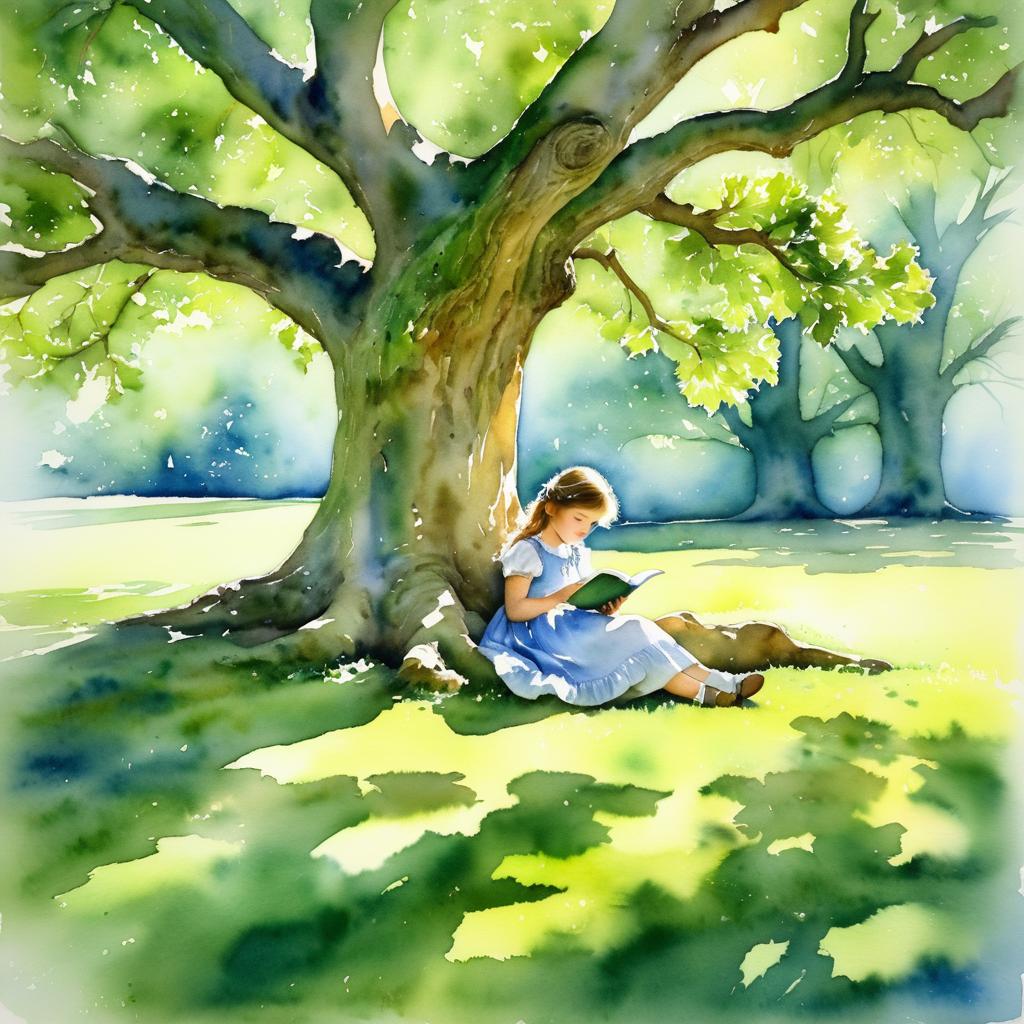 Whimsical Girl Reading Beneath Oak Tree