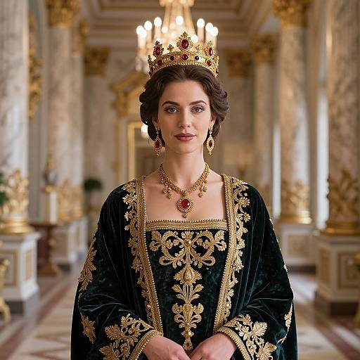 Photograph of a regal woman with dark hair in an elaborate gold crown, wearing a black velvet gown with gold embroidery, standing in an opulent