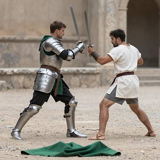 Gladiator Duel Amid Ruined Stone Arena