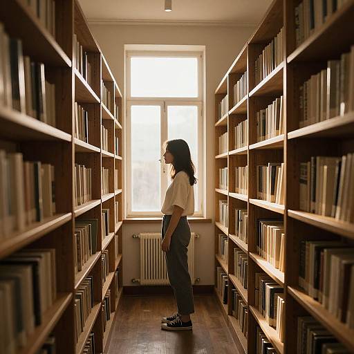 Photograph of a woman in profile, standing in a narrow, sunlit library aisle with wooden bookshelves filled with books.