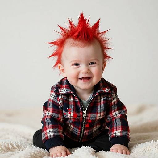 Cute baby with bright red spiky hair, wearing a red plaid hoodie, smiling while crawling on a white fluffy blanket. Photographic image.