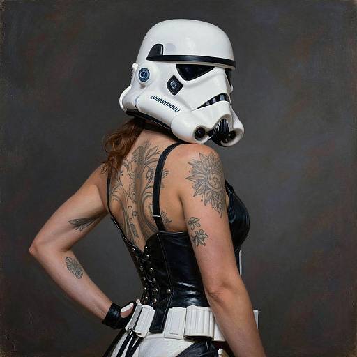 Photograph of a tattooed woman in a black corset, white Stormtrooper helmet, and belt, standing against a dark background.