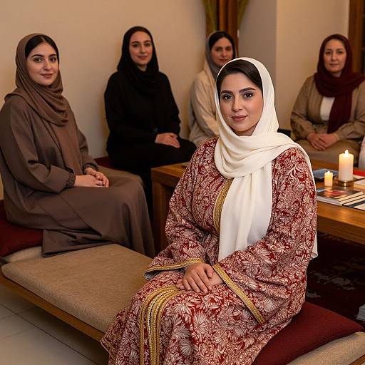 Photograph of five women in traditional Islamic attire, seated in a warmly lit room with candles on a wooden table.