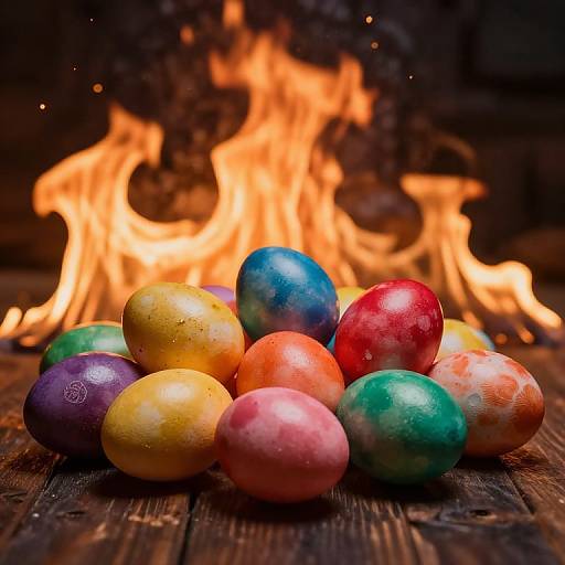 Photograph of colorful, shiny Easter eggs in front of a roaring fireplace, with bright orange flames and dark wooden background.