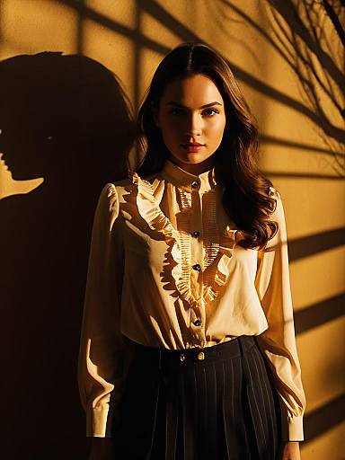 Woman in Ruffled Blouse and Pinstripe Skirt