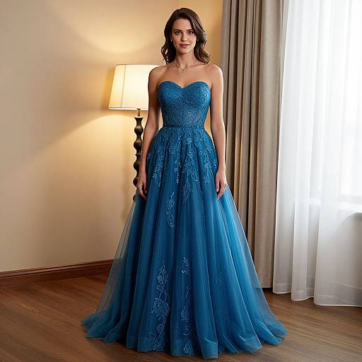 Elegant Woman in Blue Lace Prom Dress
