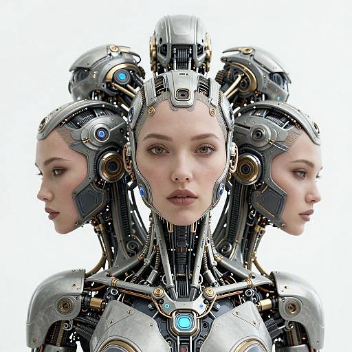 Photorealistic digital art of a cybernetic woman with three robotic heads, featuring metallic textures, blue glowing eyes, and intricate circuitry.
