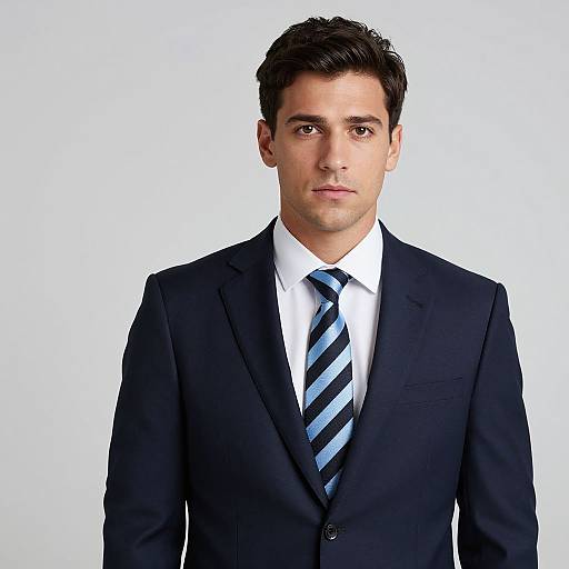 Photograph of a young man with short, dark hair, wearing a black suit, white shirt, and blue-striped tie, against a plain white background